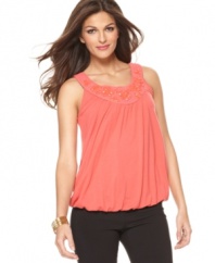 A beaded crochet inset adds shine to this Alfani tank top for pretty spring style!