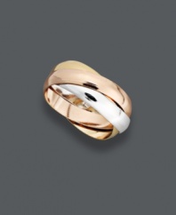 Make mixing and matching effortless with this versatile ring! Giani Bernini's polished style combines three rolling rings in a tri tone design, for a look that's supremely chic. Crafted in sterling silver, 24k gold over sterling silver and 24k rose gold over sterling silver. Size 7.