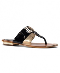 The Isola Ada Sandals shine in the sun with their glossy patent finish, embellished heel and rich decor