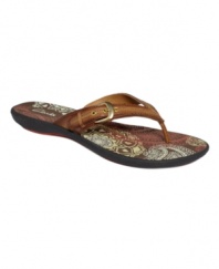 These hippie chic sandals will grow on you: The Vine Jasmine flip flops by Clarks add a playful touch with a bohemian pattern at the insole and a rich leather thong strap.