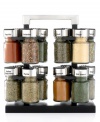 Stock your kitchen with all of the spices and seasonings every chef needs. Fitting neatly onto the countertop, the revolving stainless rack holds sealed jars with the name of the spice written on the top for easy access in a moment's notice.