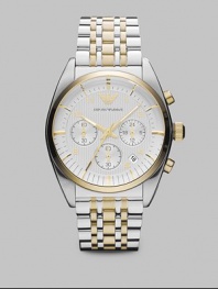 An incredibly handsome design that will stand the test of time, in two-toned stainless steel with gold applied indexes and numbers.Chronograph movementRound bezelWater resistant to 5ATMDate display at 4 o'clock Second handStainless steel case: 42.50mm(1.67)Stainless steel braceletImported