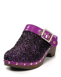 On-trend purple glitter with a buckle detail and bright studs make for a dazzling pair of Juicy clogs.