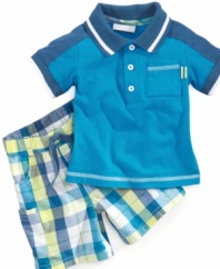 The perfect addition. Bolster up his basics with this darling color-blocked polo shirt and plaid short set from First Impressions.