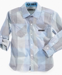 He can roll up his sleeves and keep his clean look under the hot summer sun in this prismatic button-front shirt from DKNY, with roll-tabs for extra style.