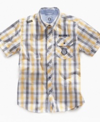 Plaid performance. Prep up his look with this snazzy shirt from Akademiks.
