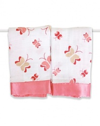 The baby will love the feel of this so-soft muslin blanket's sleek satin trim and will look simply adorable all tucked in with fluttering butterflies.