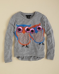 A double dose of cute owl prints, each trimmed with rhinestone accents at the eyes, makes this long sleeve top a wise look for your little gal.