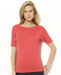 An essential tee in ultra-soft jersey-knit cotton is given a stylish update with cuffed dolman sleeves and a chic boat neckline, from Lauren by Ralph Lauren.