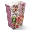 Angela burgundy glass vase by Fringe, featuring a hand-painted floral tableau in vivid hues on hand-blown glass. Translucent, for a magical effect of color and pattern. Weighted bottoms support flowers and clippings. Stands approximately 9 tall and 7 across at the top.