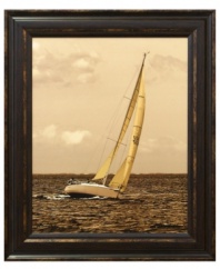 Come sail away. A single boat alone on the horizon makes the breezy art print a quiet yet captivating addition to any seafarer's home. With a dark wooden frame for rustic appeal.