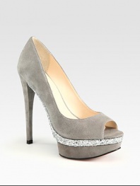 A glitter-coated insert adds a touch of sparkle to these peep-toe platform pumps of soft suede. Self-covered heel, 5¼ (130mm)Island platform with glitter-covered insert, 1¼ (30mm)Compares to a 4 heel (100mm)Leather upperPeep toeLeather lining and solePadded insoleImported