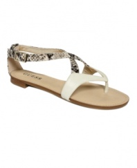 It's a jungle out there: The Palbani2 sandals by GUESS keep you on your toes with animal print detail and a cushy sole.