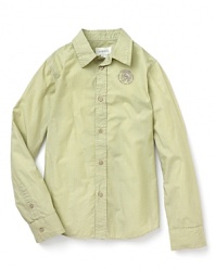 A long sleeve striped button down shirt with logo embroidered on left chest.