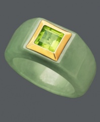 Serene and stylish. A solid band of jade (6 mm) creates a smooth setting on for this unique ring. A square-cut peridot (5 mm) with 14k gold edges decorates the center. Size 7.