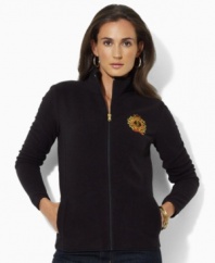 The full-zip fleece jacket from Lauren by Ralph Lauren is elegantly embellished with a metallic embroidered crown crest and shimmering golden hardware for a heritage look.