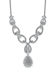 Adorn your neckline with just the right amount of sparkle. This stunning necklace incorporates cut-out links and a pear-shaped sunburst pendant accented by round-cut diamonds (1 ct. t.w.). Set in 14k white gold. Approximate length: 16-1/2 inches. Approximate drop: 1 inch.