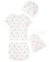 A gorgeous, very gift-able infant set, including a printed hat, tee and bloomer--all bundled in a matching drawstring bag.