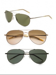 The sporty classic with lightweight metal frames and double-bridge detail. Available in gold frames with mineral glass green lenses or silver frames with mineral glass grey lenses. 100% UV protective Imported 
