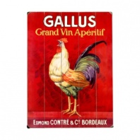 A charmer for country homes, the Gallus Grand Vin Aperitif sign features a glorious depiction of the rooster on a bold red ground. Crafted of wood with distressed detail for relaxed decor.