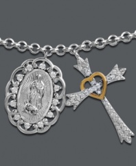 Sentimental and symbolic. Mi Joya Divina's stunning pendant necklace combines pendants featuring Our Lady of Guadalupe and a heart-accented cross. Crafted in 14k gold and sterling silver with sparkling diamonds (3/8 ct. t.w.). Approximate length 18 inches. Approximate drop length: 8/10 (oval). Approximate drop width: 6/10 inch (oval). Approximate drop length: 1 inch (cross). Approximate drop width: 7/10 inch (cross).