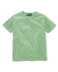 A classic tee is rendered in solid cotton jersey for a fun and casual look.