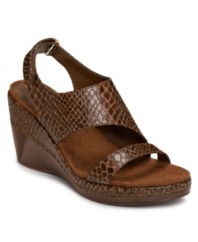 Smart fashion is looking good and feeling great. Embrace it with the Hedgehop wedge sandals by Aerosoles. Featuring an on-trend snake print, they're supremely comfortable with a cushioned footbed and diamond-pattern sole.