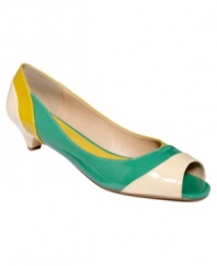 The cutest contrast. Barefoot Tess' Santa Barbara pumps are shiny and colorblocked with a pretty little kitten heel.