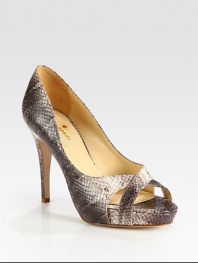 Metallic snake-print leather adds a party-ready glimmer to this classic platform sandal. Self-covered heel, 4 (100mm)Covered platform, 1 (25mm)Compares to a 3 heel (75mm)Metallic snake-print leather upperLeather lining and solePadded insoleMade in ItalyOUR FIT MODEL RECOMMENDS ordering true size. 