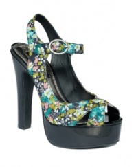 Designer devotion! The Sacred platform sandals by Material Girl add divine details with floral straps and a sky-high heel.