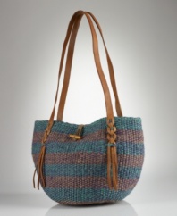 Denim & Supply's slouchy woven jute bag recalls its rustic roots with a braided-rope-and-toggle closure, distressed leather handles and rugged fringe detailing for a chic twist on an essential carryall.