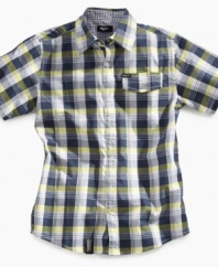 Dare to wear plaid. Crank his casual style up a notch with this button-down shirt from LRG.