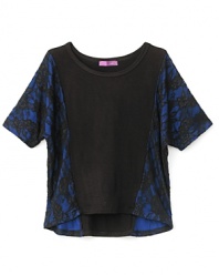 Update her wardrobe with super-hip staple: this easy Aqua top boasts a touch of black lace over cobalt blue.