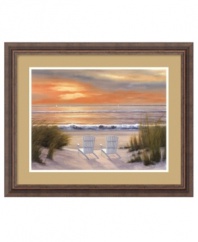Set the romance. Seating for two and a perfect summer sky make the Paradise Sunset art print well-suited for a beach house or bedroom. A rustic, weathered wood frame adds to light and easy mood.