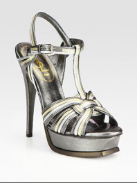 Bands of metallic leather shape this lust-worthy design, with a towering heel and adjustable ankle strap. Self-covered heel, 5¼ (130mm)Covered platform, 1 (25mm)Compares to a 4¼ heel (110mm)Metallic leather upperLeather lining and solePadded insoleMade in ItalyOUR FIT MODEL RECOMMENDS ordering one half size up as this style runs small. 