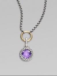 A richly faceted amethyst in a graceful cable frame makes an elegant addition to your own necklace or bracelet. Amethyst Sterling silver Diameter, about ½ Spring clip clasp Made in USA Please note: Necklace sold separately.