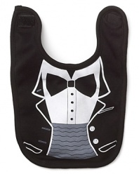 A white bib with tuxedo graphic and Black bib optional printed on front.