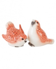 Two little birds. Figural salt and pepper shakers plucked from the charming Hydrangea dinnerware pattern add an extra touch of color and whimsy to the casual dining area. From Edie Rose by Rachel Bilson.