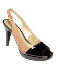 Shiny and eye-catching. The Curated Bandolino slingback platform pumps feature a cute patent leather peep-toe.