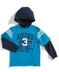 The lighter side of hoodies.  This layered tee with attached hood from adidas won't weigh him down.