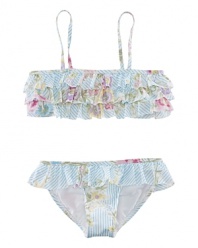 An adorable two-piece is rendered in a sweet floral print accented with allover ruffles.