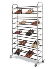 Pair up and conquer clutter. A smart addition to any space, the durable chromed steel tower holds and displays up to 50 pairs of shoes, clearing up floor space and making your morning outfit choices that must easier.