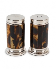 The alluring beauty of multi-faceted Tortoise shell finish presents a warm accent to clean stainless steel in this pair of shakers from Lauren by Ralph Lauren.