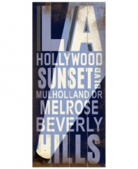 Los Angeles up in lights. This vintage-style transit sign directs your attention to all the LA hot spots, from Hollywood to Melrose, on distressed birch wood.