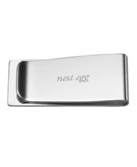 Engraved with nest egg, the silver-plated Silver Street money clip is a most-elegant way to save more than your pennies. A beautiful gift with the impeccable style of kate spade new york.