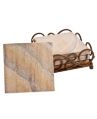 Soak up every drop in pure sandstone. With soft variations in color, Thirstystone Rainbow coasters do the job with natural elegance. A scrolling wrought iron holder contains this set of four.
