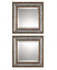With traditional details like beveled glass, double row of pearl edging in antiqued gold leaf finish and finished with a dark gray wash, the sumptuously framed Norlina mirrors exude a regal, masculine presence ideal as accents to tie a traditional room together.