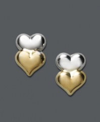 Simple shine with double the style. Two hearts piggyback on top of one another to create an adorable, and versatile, style! Crafted in 14k gold and 14k white gold. Approximate diameter: 1/4 inch.