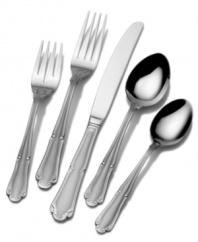 The simple scroll and filigree design of Edgehill Frost flatware set by Pfaltzgraff Everyday adds a touch of ornamentation to your every day table setting.