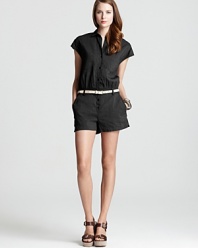 Fresh on the scene, the Theory romper is a polished alternative to shorts and a tee--a one-piece style with feminine cap sleeves. Pockets throughout are sporty-chic, while stitching lends unique detail.